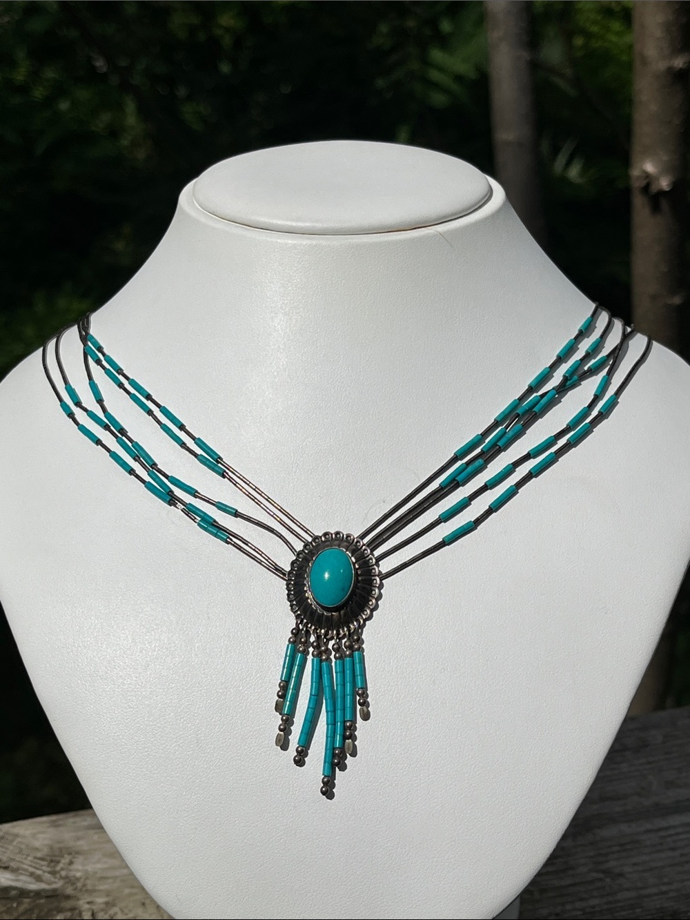 Liquid Silver Turquoise Southwestern Multi-Strand Beaded Pendant Necklace